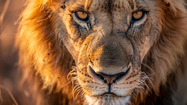 Ein atemberaubendes Nahaufnahmeporträt eines Löwen mit einer goldenen Mähne und durchdringenden gelben Augen