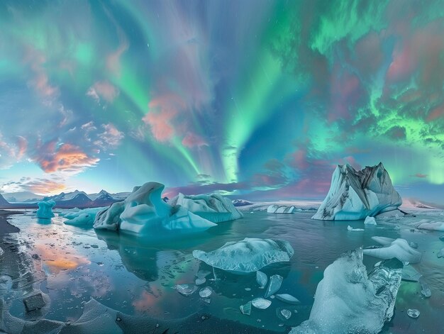 Ein atemberaubendes Panoramabild einer Gletscherlagune mit majestätischen Eisbergen, die alle in den lebendigen Farben der Nordlichter gebadet sind