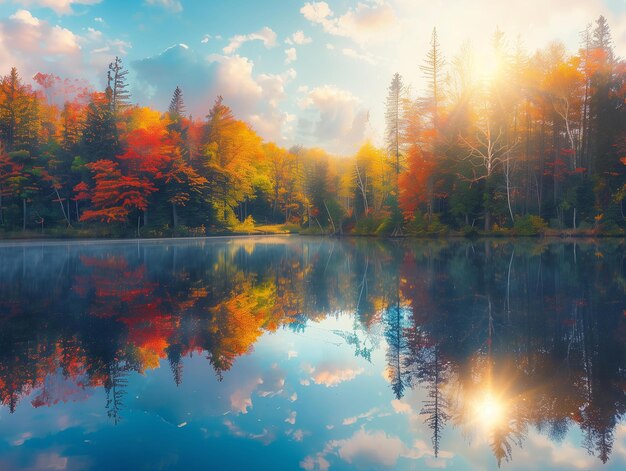 Ein atemberaubendes Panoramabild eines Herbstwaldes mit einer lebendigen Mischung aus roten orangefarbenen und gelben Blättern und einem kurvenreichen Fluss, der durch die Szene fließt