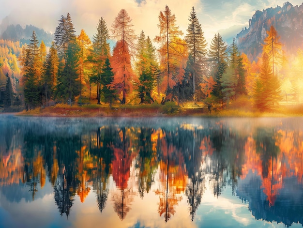 Ein atemberaubendes Panoramabild eines Herbstwaldes mit einer lebendigen Mischung aus roten orangefarbenen und gelben Blättern und einem kurvenreichen Fluss, der durch die Szene fließt