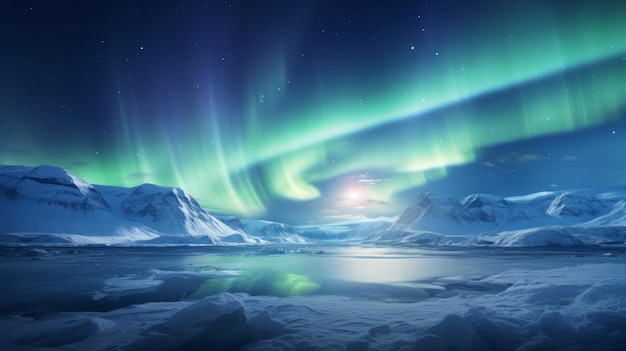 Ein atemberaubendes Polarlicht tanzt über einem gefrorenen See in lebendigen grünen und lila Farbtönen