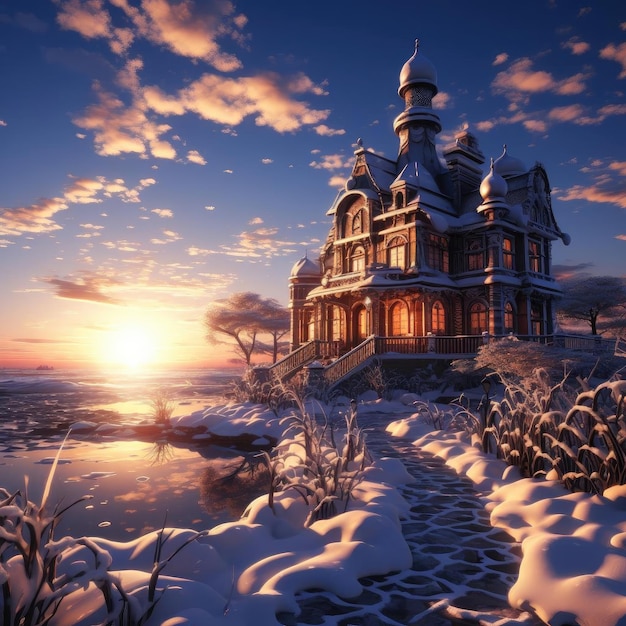Ein atemberaubendes schneebedecktes viktorianisches Haus beim Sonnenuntergang