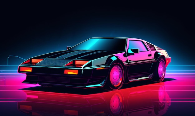 Ein atemberaubendes SynthWave-Auto in Neonfarben