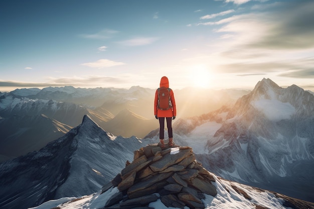 Ein atemberaubendes und realistisches Bild mit einem einsamen Abenteurer, der auf einem Berggipfel steht