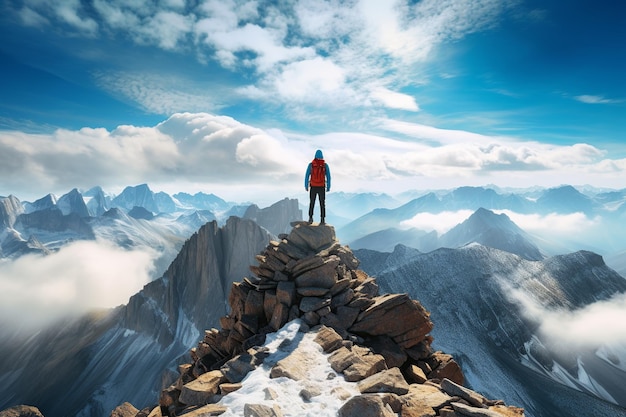 Ein atemberaubendes und realistisches Bild mit einem einsamen Abenteurer, der auf einem Berggipfel steht