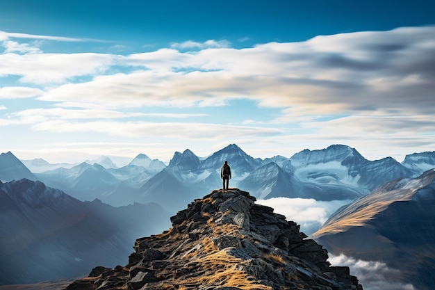 Ein atemberaubendes und realistisches Bild mit einem einsamen Abenteurer, der auf einem Berggipfel steht