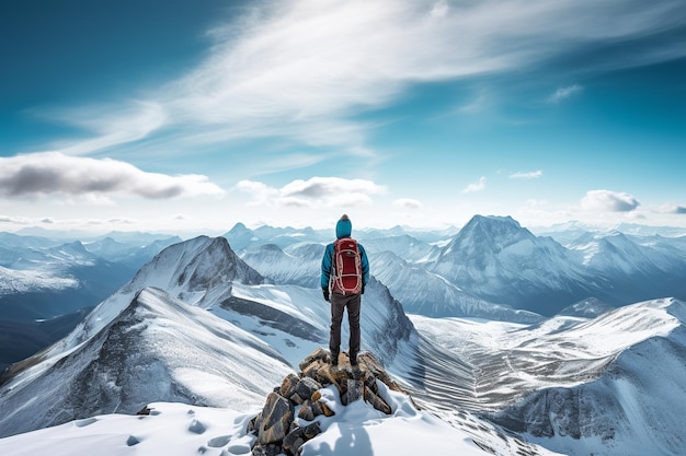 Ein atemberaubendes und realistisches Bild mit einem einsamen Abenteurer, der auf einem Berggipfel steht