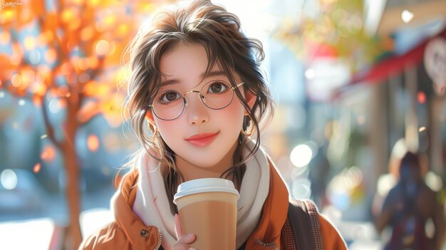 Foto ein attraktives mädchen trinkt ein heißes latte-getränk, während es auf der straße spazieren geht