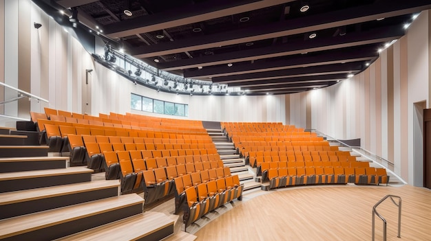 Ein Auditorium mit orangefarbenen Sitzen vor einer Wand, auf der das Wort „Musik“ steht.