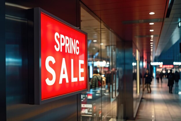 Ein auffälliges „SPRING SALE“-Schild, das in einer sauberen, aufgeräumten Einzelhandelsumgebung im Mittelpunkt steht und auf tolle saisonale Angebote hinweist