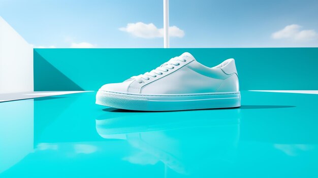 Ein auffallender Kontrast zwischen unberührten weißen Sneakers und einer lebendigen türkisfarbenen Oberfläche, die in High-Definition für maximale visuelle Wirkung aufgenommen wurde