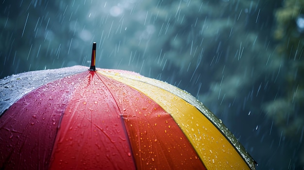 Ein auffallendes Bild eines offenen Regenschirms an einem regnerischen Tag, dessen lebendige Farbe gegen einen grauen Himmel kontrastiert, wobei Regentropfen sichtbar vom wasserdichten Stoff prallen.