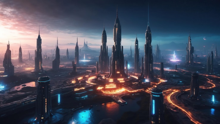 Foto ein auffallendes futuristisches stadtbild, das von neonlichtern und technologie beleuchtet wird