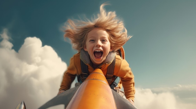 Ein aufgeregtes Mädchen fliegt die Rakete über Wolken am Himmel Generative KI Bild Weber