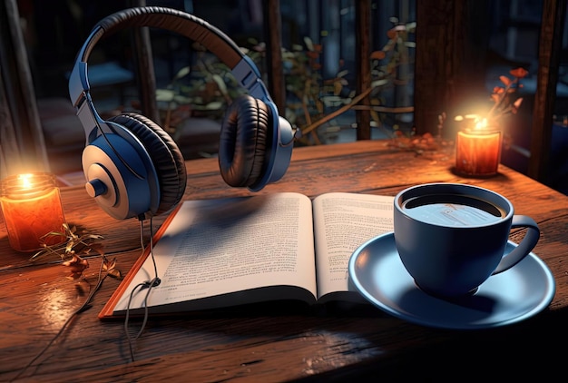 ein aufgeschlagener Kopfhörer und eine Tasse Kaffee im Stil von hellem Azurblau und dunklem Bernstein
