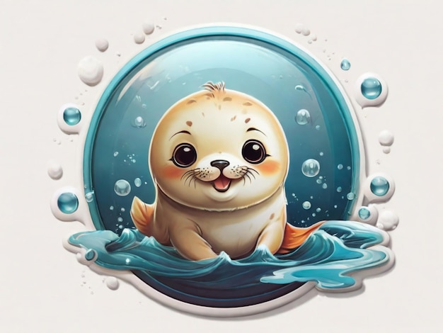 ein Aufkleber eines Happy Baby Seal mit einem Fisch