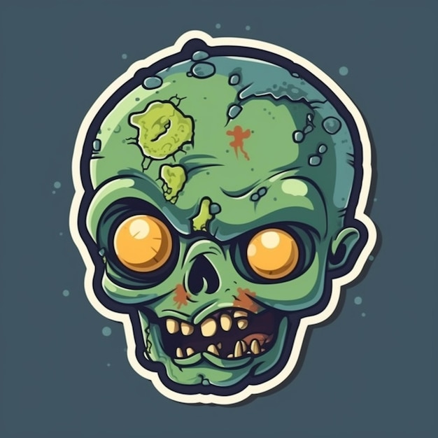 Ein Aufkleber eines Zombies mit gelben Augen und einem grünen Kopf mit einem gelben Fleck darauf.