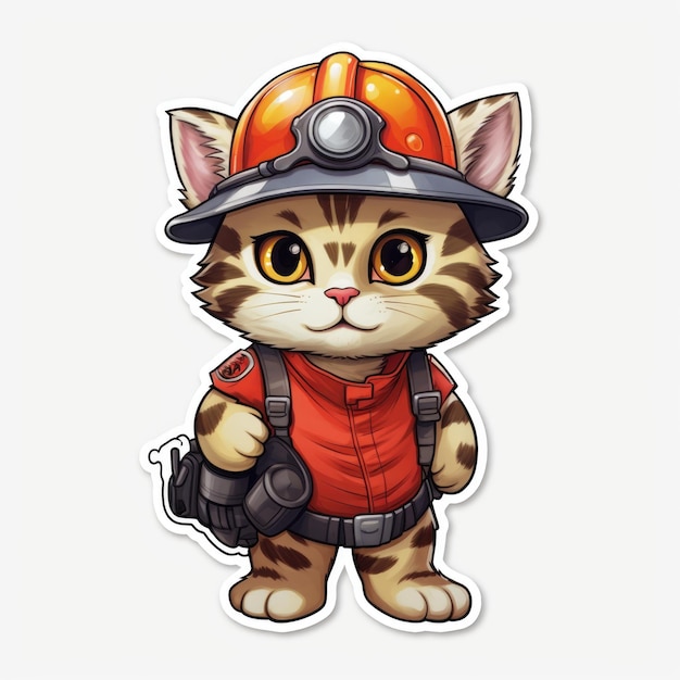 Ein Aufkleber mit einer Katze, die einen Feuerwehrhut trägt