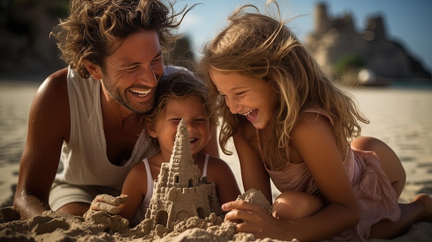 Ein aufregender, glücklicher Familienurlaub am Strand, eine Familie mit Kindern, die die Sonne und den Sand genießen.