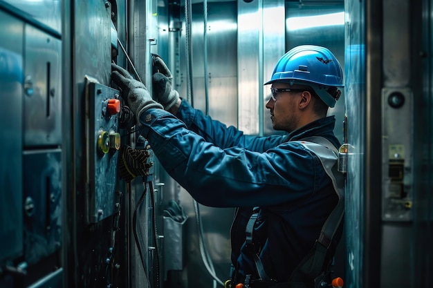 Ein Aufzugsreparaturmann repariert einen Aufzug und zeigt seine Fähigkeiten bei der Aufzugsreparierung