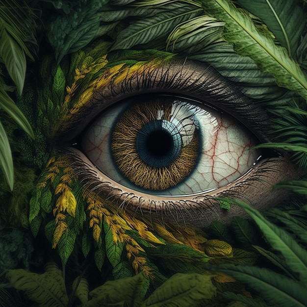 Ein Auge ist mit Blättern bedeckt und hat ein gelbes Auge.
