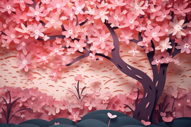 Ein aus einem Baum ausgeschnittenes Papier mit rosa Blüten und dem Wort Kirsche darauf