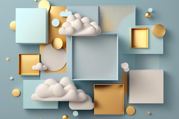 Ein aus einem Quadrat ausgeschnittenes Papier mit goldenem Rahmen und weißen Wolken.