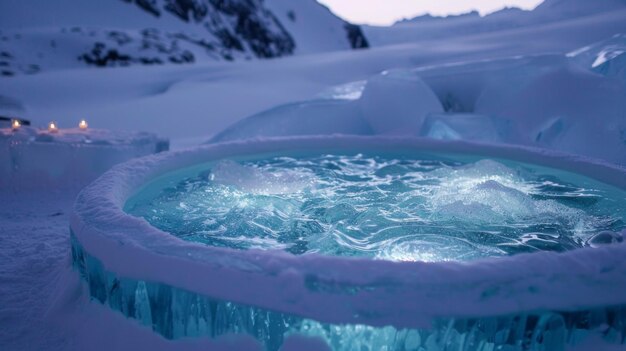 Foto ein aus eis gehauener whirlpool ermöglicht es den gästen, sich zu entspannen und die sterne zu beobachten, während sie von der gefrorenen sonne umgeben sind