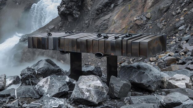 Ein aus Metallstäben gefertigtes Xylofon sitzt auf einer felsigen Klippe mit Blick auf einen Wasserfall