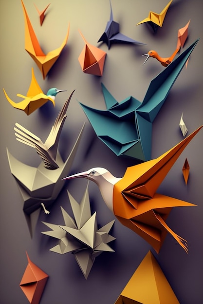 Ein aus Origami-Vögeln ausgeschnittenes Papier mit einem blau-weißen Gesicht.