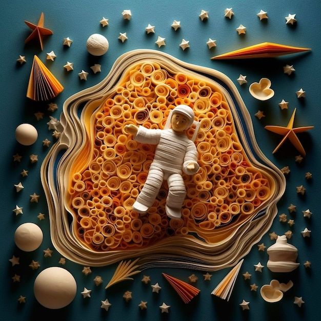 Ein aus Papier ausgeschnittener Astronaut ist von Sternen und Planeten umgeben.