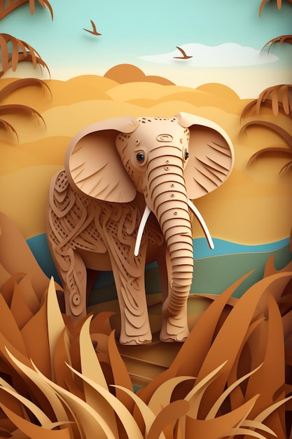 Ein aus Papier ausgeschnittener Elefant mit gelbem Hintergrund und dem Wort Elefant darauf.
