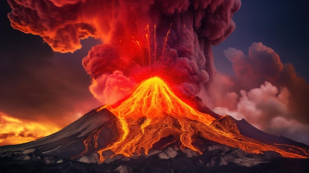 Foto ein ausbrechender vulkan in einer feurigen anzeige von geschmolzener lava und asche