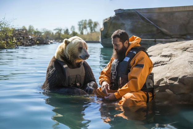 Ein ausgebildeter Bär arbeitet zusammen mit seinem menschlichen Mentor an Wasserbauprojekten