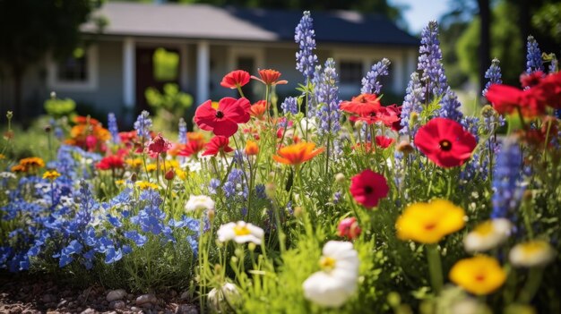 Foto ein ausgedehntes feld voller lebendiger blumen mit einem charmanten haus im hintergrund