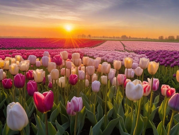 Ein ausgedehntes Feld von Tulpen in verschiedenen Farben, das vom sanften Licht der Morgensonne beleuchtet wird, könnte ein Gefühl von Frische und Erneuerung hervorrufen.