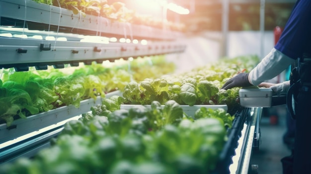 Ein ausgedehntes Gewächshaus, gefüllt mit fortschrittlicher Robotertechnologie, sammelt perfekt reifes Gemüse