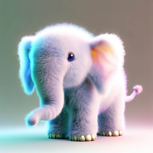 Ein ausgestopfter Elefant mit einem blauen Auge und einer rosa Nase.