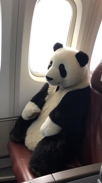 Ein ausgestopfter Pandabär sitzt auf einem Flugzeugsitz.