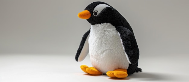 Ein ausgestopfter Pinguin steht auf einer weißen Oberfläche