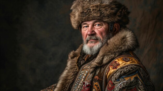Ein ausgezeichneter russischer Kosak in den Vierzigern, der ein unverwechselbares Gefühl des Stolzes auf sein reiches Erbe ausstrahlt, geschmückt mit einem prächtigen Pelzhut und einem wunderschön verzierten traditionellen Mantel.