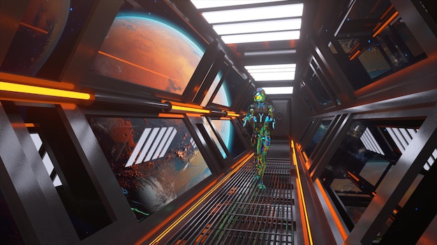 Ein Außerirdischer läuft auf einem Raumschiff in Nahaufnahme in der Umlaufbahn des Mars Neon Diamanten Kleidung Raumanzug Neon Beleuchtung