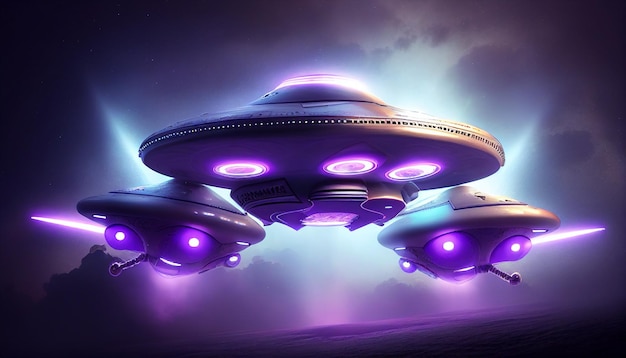 Ein außerirdisches Schiffs-UFO mit violetten Lichtern am Himmel