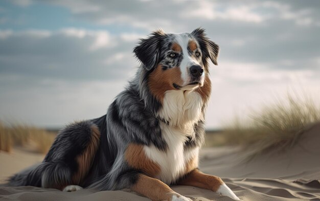 Ein australischer Hirte sitzt am Strand im Park.