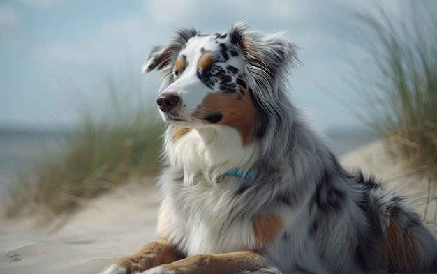 Ein australischer Hirte sitzt am Strand im Park.