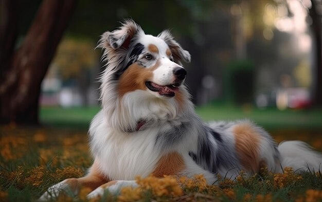 Ein australischer Hirte sitzt auf dem Gras im Park.