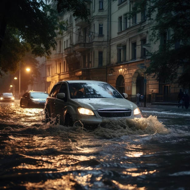 Ein Auto auf einer Stadtstraße mit Überschwemmung