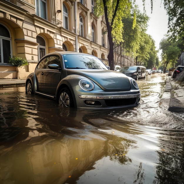 Ein Auto auf einer Stadtstraße mit Überschwemmung