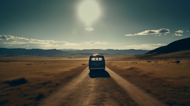 ein Auto auf einer unbefestigten Straße mit der Sonne dahinter.