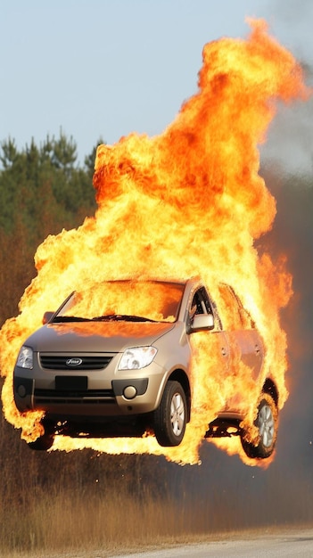 Foto ein auto brennt am straßenrand